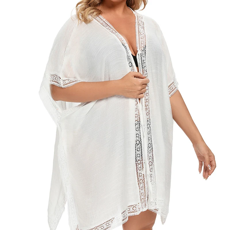 Vintage Lace Cover Ups Women Plunging Cardigan Loose Sunscreen Vacation Bikini Beach Shawl Hollow Out White