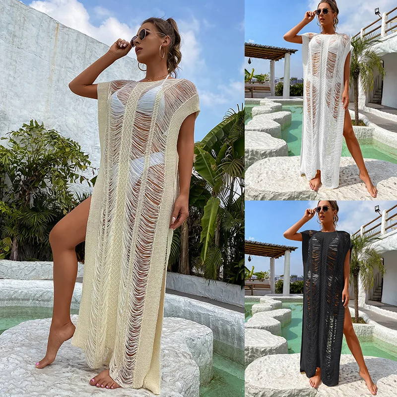 2022 New Crochet Hollow Out nappa Bikini cover-ups tunica lunga Casual Summer Beach Dress donna Beach Wear costume da bagno Cover Up