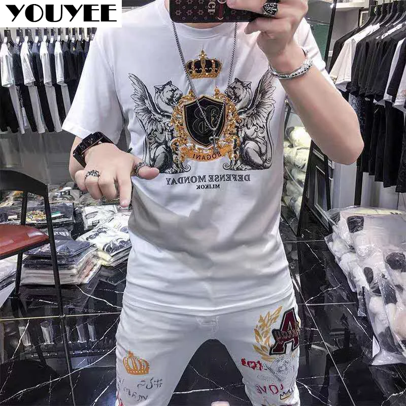 Hot Men T-shirt 2021 Summer Crown Embroidered Short Sleeve Tee Shirt Men\'s Fashion Casual Cotton Streetwear O Neck Tops Male