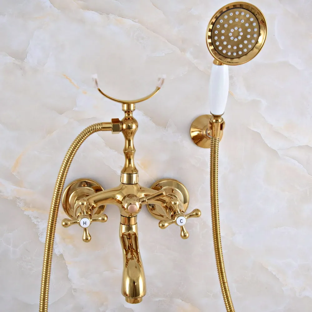 Luxury Gold Color Brass Wall Mounted Bathroom Bath Tub Faucet Set with 1500MM Hand Held Shower Spray Mixer Tap 2na954