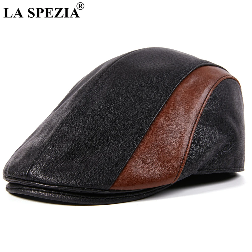 LA SPEZIA Real Leather Man Hat Sheepskin mens winter hats Patchwork Adjustable Male Beret Flat Cap