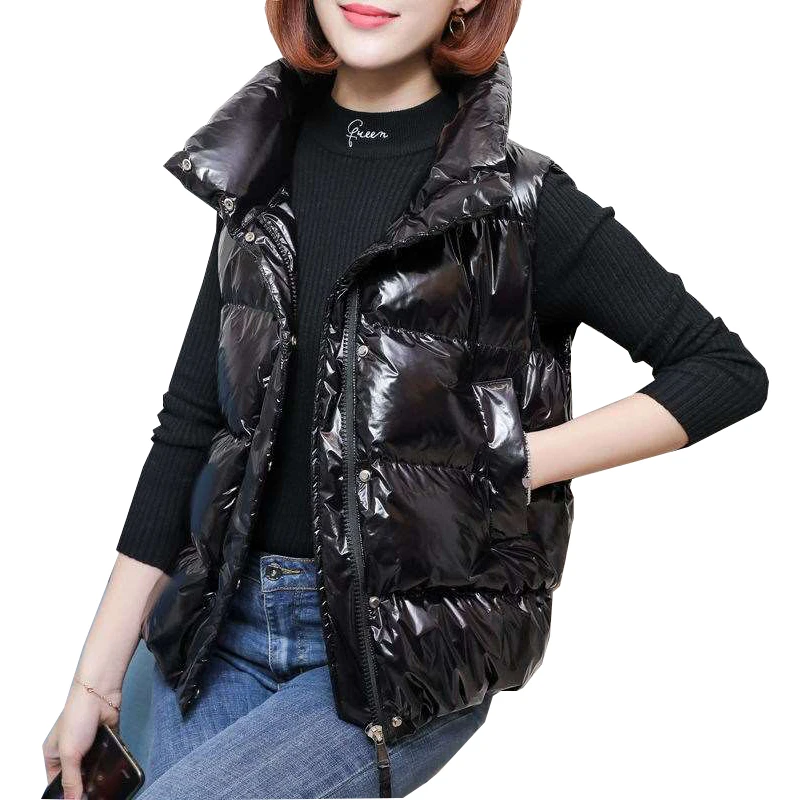 Short Down Cotton Vests coat Women 2021New Korean Patent Leather Glossy Warm Vest Fashion Female Waistcoat Down Cotton Vest Tops