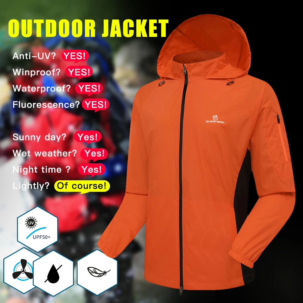 QUESHARK Men Windproof Waterproof Reflective Cycling Jacket MTB Bicycle Long Sleeve Windbreaker Bike Coat Hide Hat Jersey