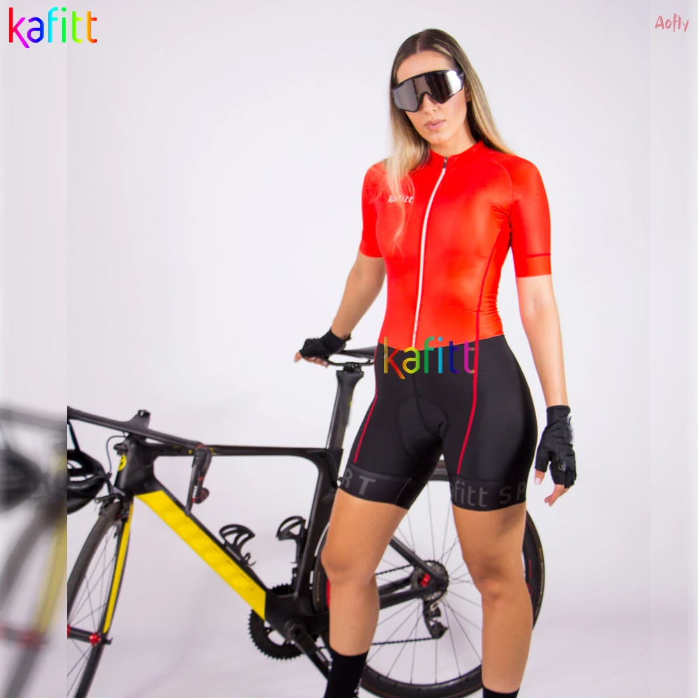 Red Kafitt Women's Cycling Jacket Little Female Cyclist Jumpsuit 20D Gel Bike Clothing Triathlon Suit Monkeys Cycling Sweaters