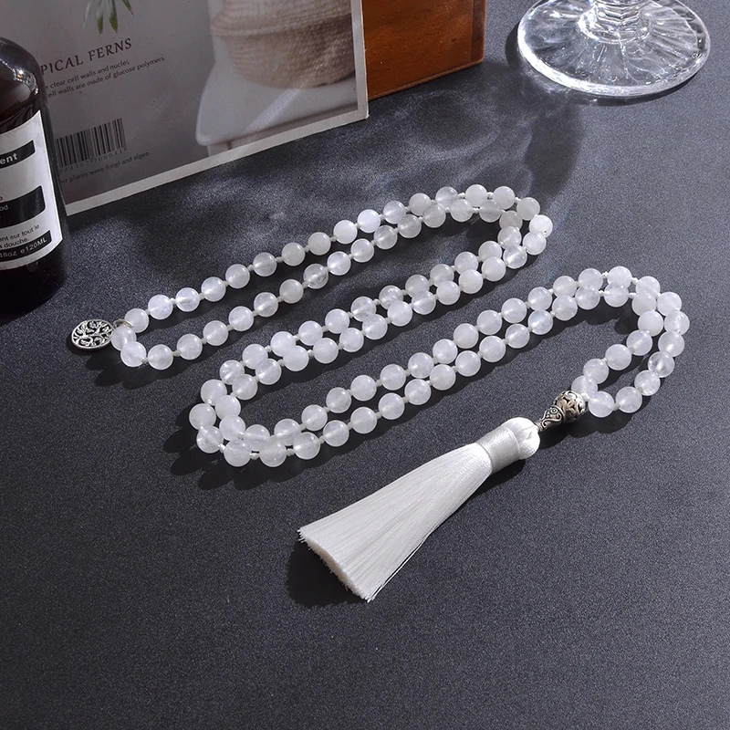 108 Mala Beaded 8mm White Jade Knotted Necklace Meditation Yoga Blessing Jewelry Women Fashion Charm Life Tree Tassel Rosary