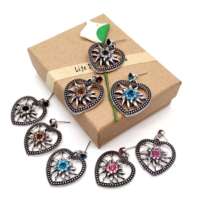New Vintage Heart Drop Earrings Rhinestone Edelweiss Charm Earrings Women Party Oktoberfest Costume Jewelry Fashion Earrings