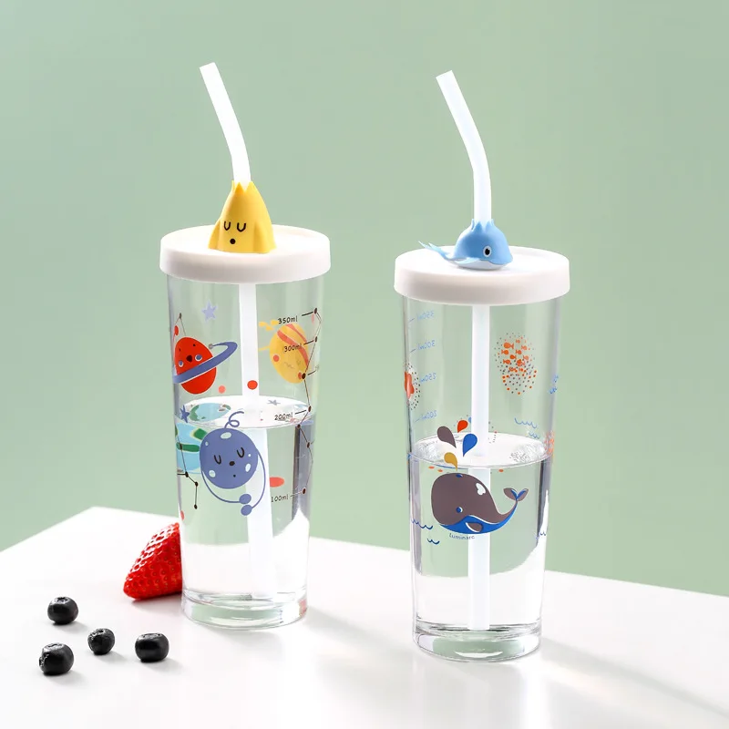 

425ML Straw Cup With Lid Color Changing Coffee Cup Cartoon Travel Glass Mug Heat-Resistant Milk Cup Non-slip Cover Straw Set