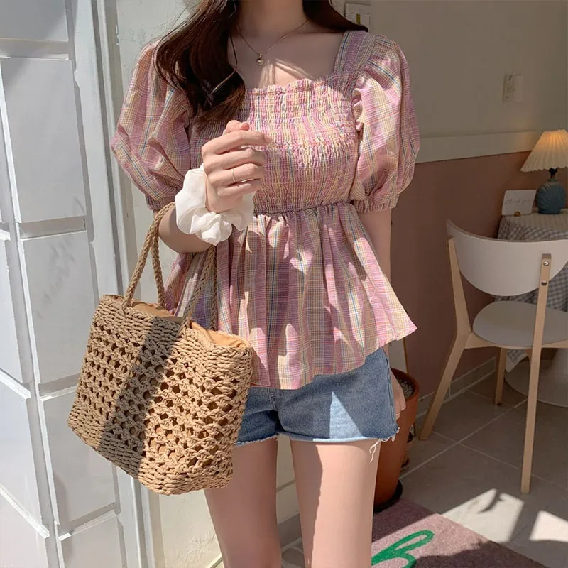 Women Elegant Plaid Blouses Summer Short Sleeve French Style Ruffled Ladies Shirt Tops 2020