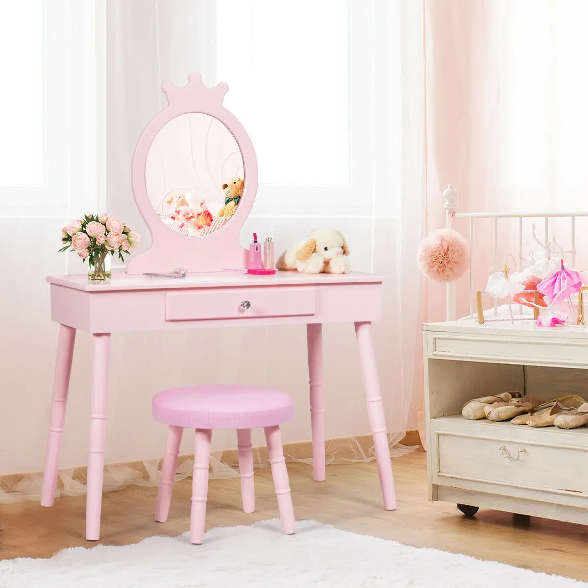 Kids Vanity Makeup Table & Chair Set Make Up Stool Play Set for Children Pink  HW65928PI