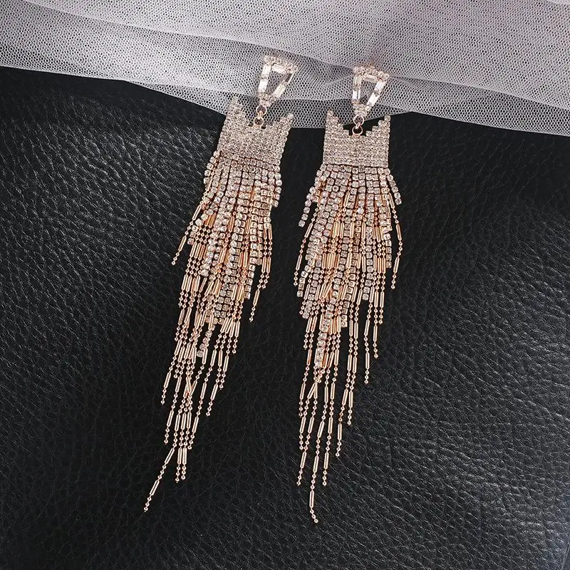 Shiny Full Rhinestone Drop Earrings for Women Long chain Tassel Crystal Dangle Earring Weddings Fashion Jewelry Gifts E712