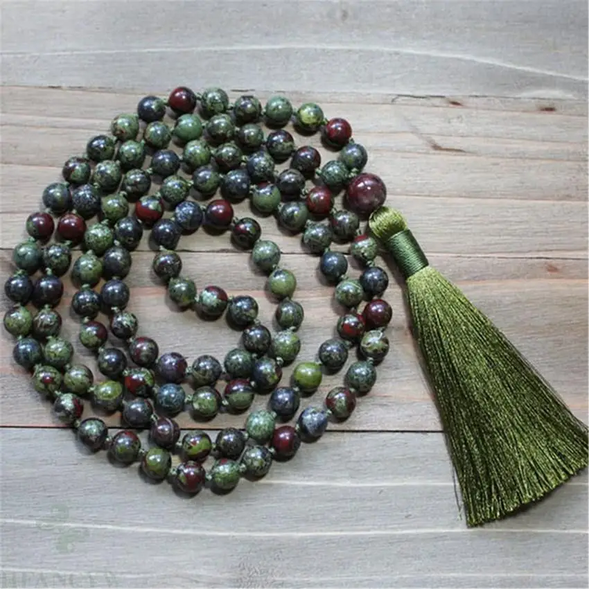 8mm Natural Dragon Blood Jasper 108 Beads Tassel Mala Necklace Religious Buddhism Unisex Wrist Blessing