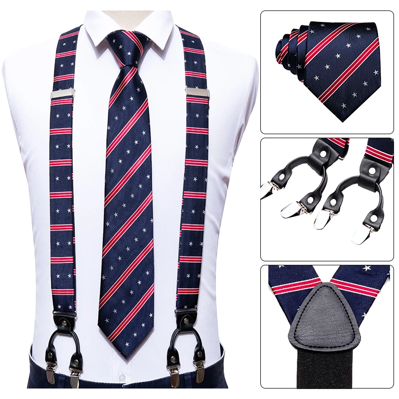 Men Silk Suspenders Set 6 Clip-on Braces Elastic Y-Shape Adjustable Red Black Suspenders Necktie Cufflinks Hanky Set Barry.Wang