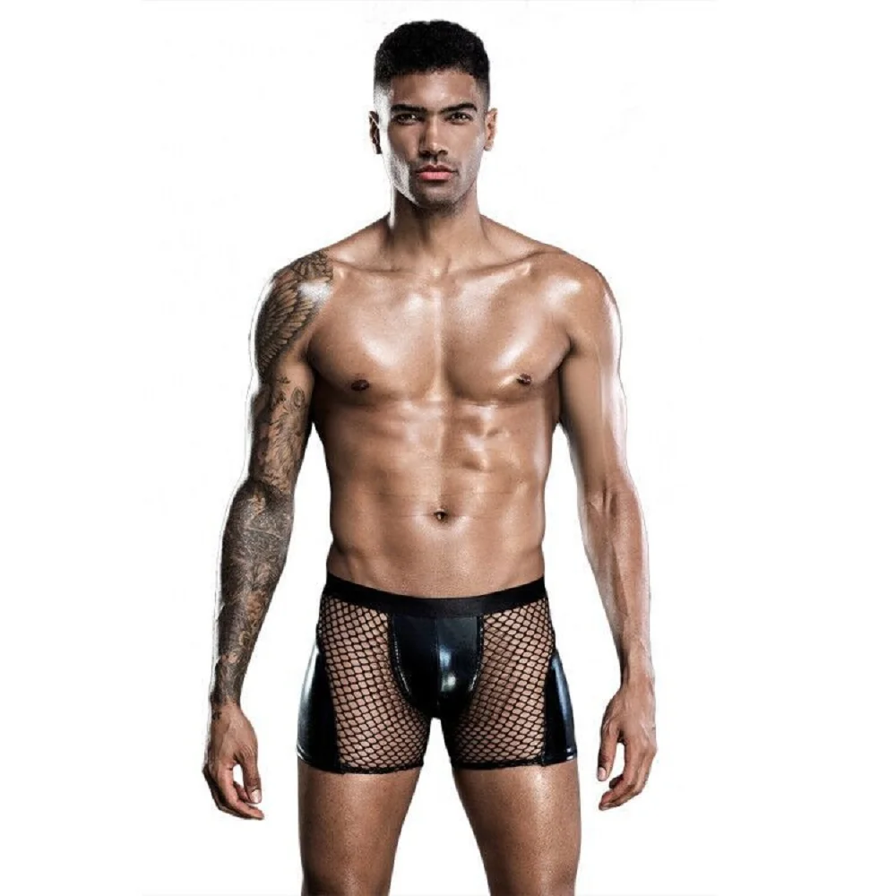 

Mens Role Play Sexy Patent Leather Mesh Shorts Underwear,Gay Bar Pole Dance Perform Costumes