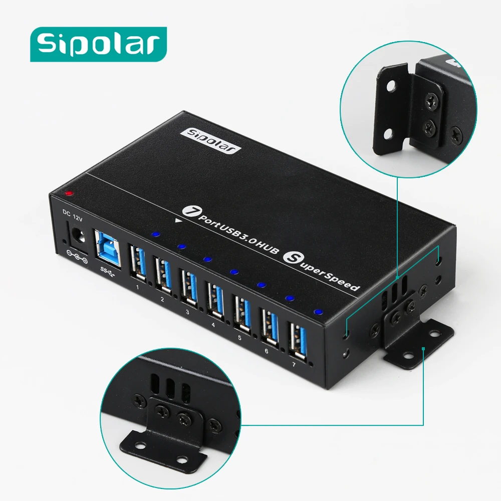 

Sipolar A-173 Industrial Mountable Metal 7 Port Usb 3.0 Hub Multi Port Usb Charger Hub with Power Adapter