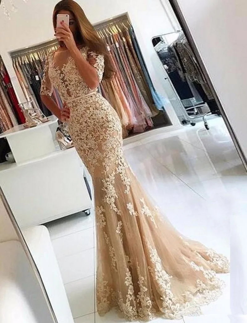 

Modest Custom Made Long Dress Mermaid Evening Dress 2018 Lace Appliques Robe De Soiree longue 2019 Formal Dress Popular