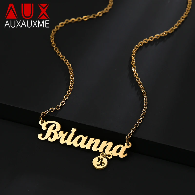 Auxauxme Custom Name Constellation Necklace Stainless Steel Capricorn Pendant Choker Birthday Anniversary Jewelry Gifts