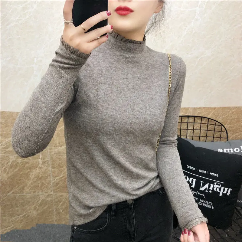 Double-Sided Dralon Turtleneck Long-Sleeved Bottoming Shirt for Women Autum/Winter New Thickened Cationic Lace Stitching Warm