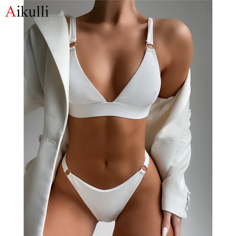 2024 New Sexy Ribbed Ring Bikinis Swimsuit Women Push Up Swimwear Solid Bikini Set Summer Beach Brazil Biquini Swim Bathing Suit