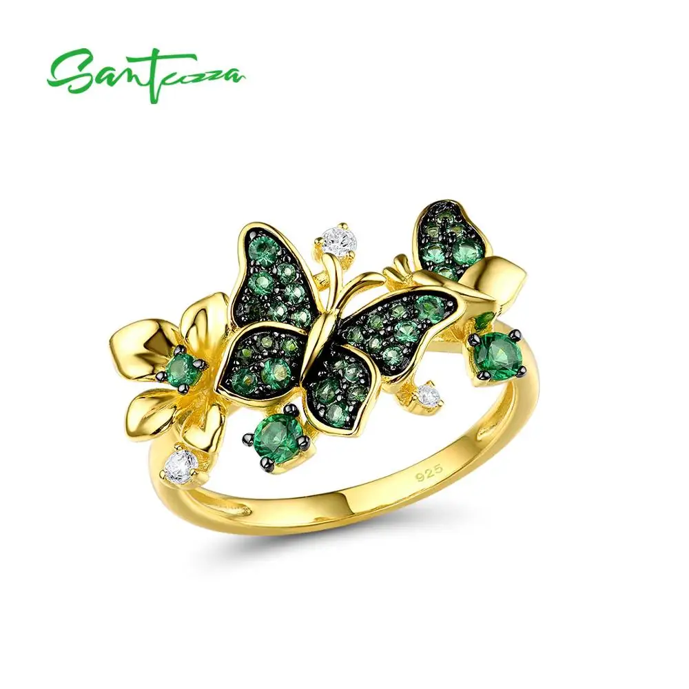 

SANTUZZA Silver Ring For Women 925 Sterling Silver Butterfly Gold Color Shiny Green Spinel Elegant Trendy Party Fine Jewelry