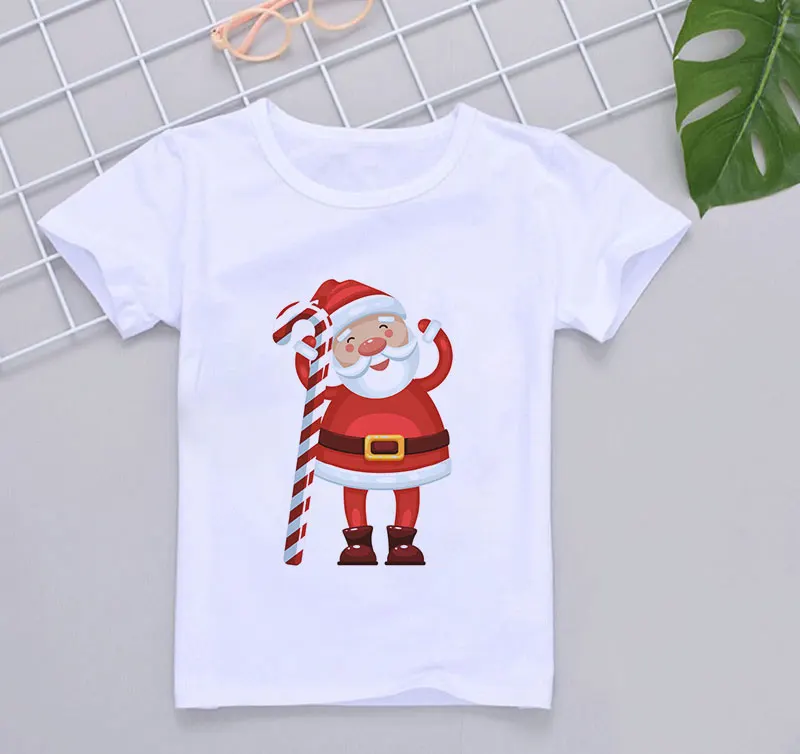 2019 Christmas Carnival Christmas Short Sleeve Santa Claus Stockings Antlers Shirt Boy Girl Kawaii Cartoon Cute White T-Shirt