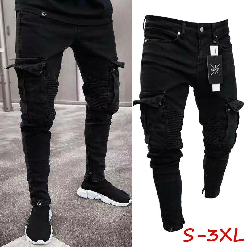 Fashion Mens Slim Fit Urban Straight Leg Black Trousers Denim Casual Pencil Jogger Cargo Pants S-3XL