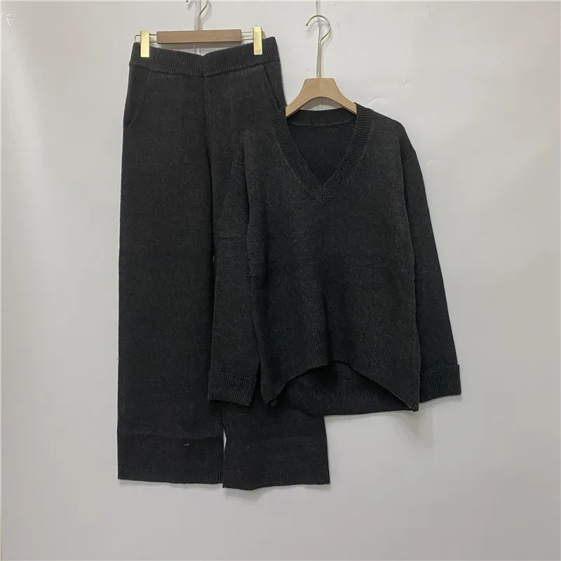 Conjunto de dos piezas de lujo para mujer, 45% Cachemira + 30% Lana, Tops de punto de visón cálido y pantalones de lana de pierna ancha, F2533