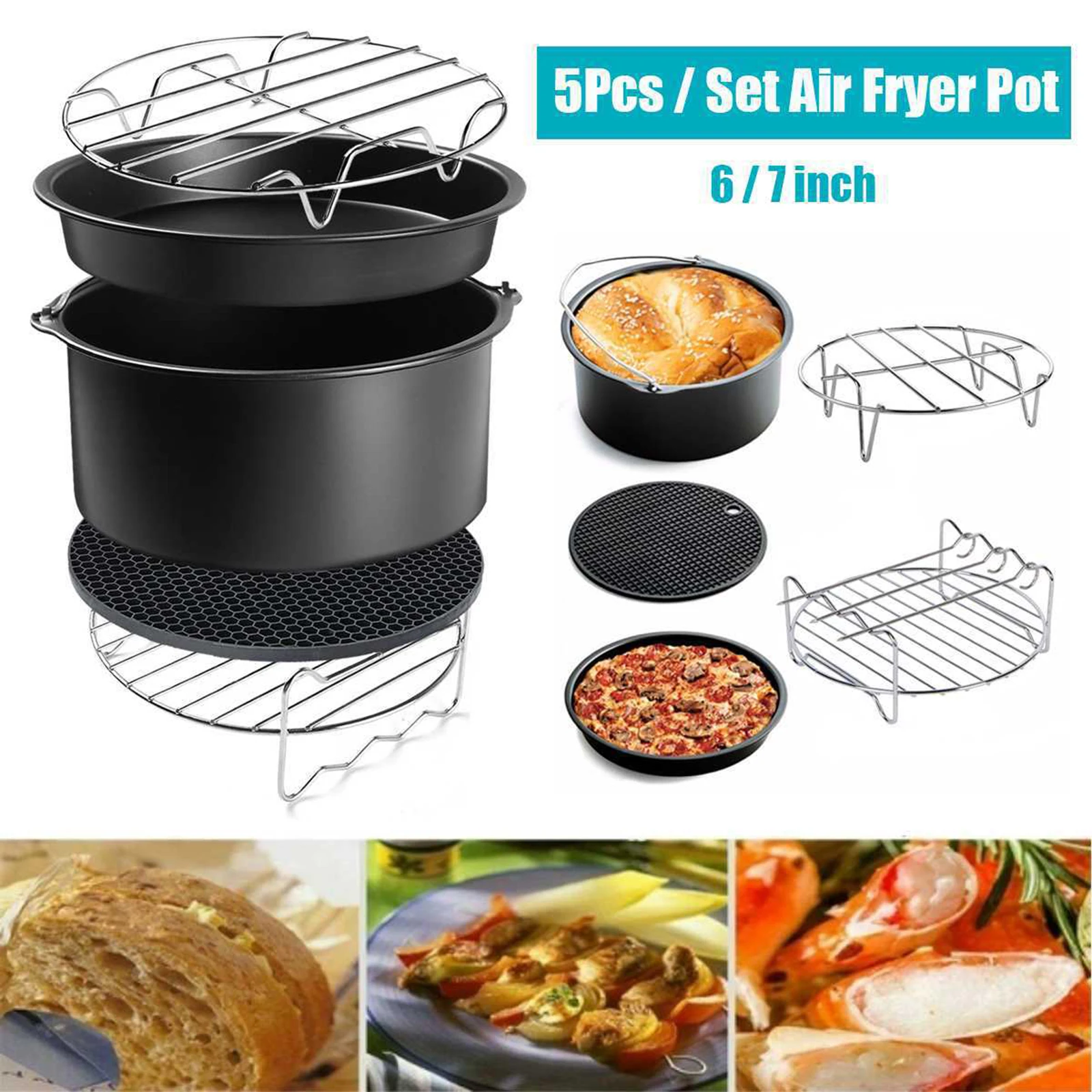 Air Fryer Accessories 6 Inch For 3.2QT-5.8QT Deep Air Fryer with Cake Barrel Grill Silicone Mat Pizza Pan Accessories