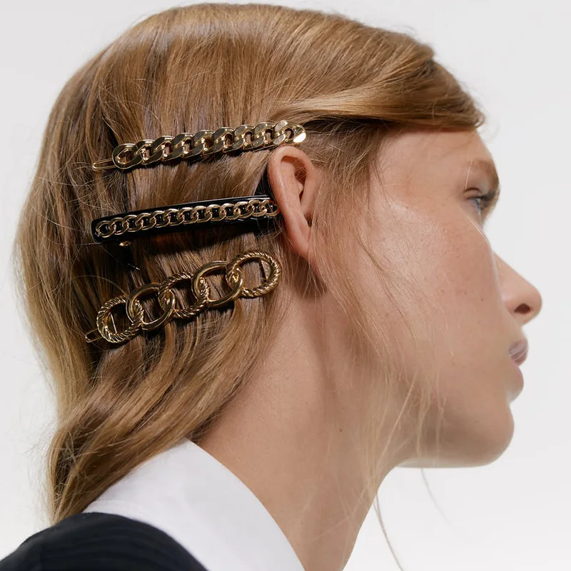 Pinza para el pelo con cadena de Metal acrílico para mujer, pasador coreano, accesorios para el cabello, pinzas geométricas de Color dorado, gran