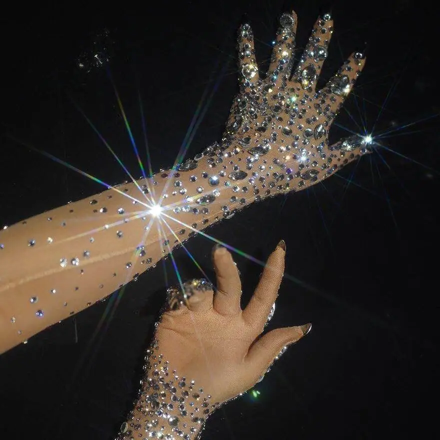 Rhinestones Luxury Gloves Women Sparkly Crystal Party Prom Mesh Elbow Long Gloves Dancer Singer Nightclub Stage Show Accessories