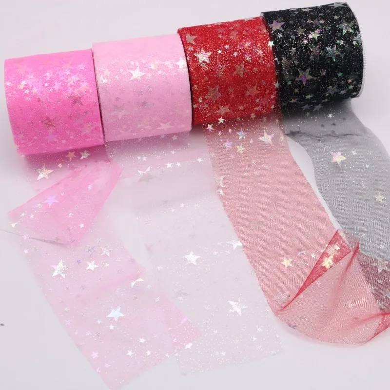 25yard Silver star Printed Tulle Cherry Blossom Mesh Fabric Rainbow Color Ribbon DIY Handmade Craft Ornament Material Supplies