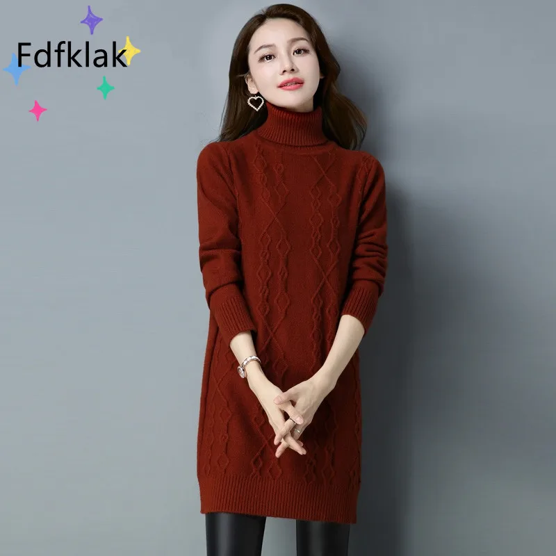 Fdfklak Neue Herbst Winter Plus Größe Dicken Pullover Frauen Pullover Koreanische High Neck Pullover Lose Mid-Länge Bodenbildung hemd