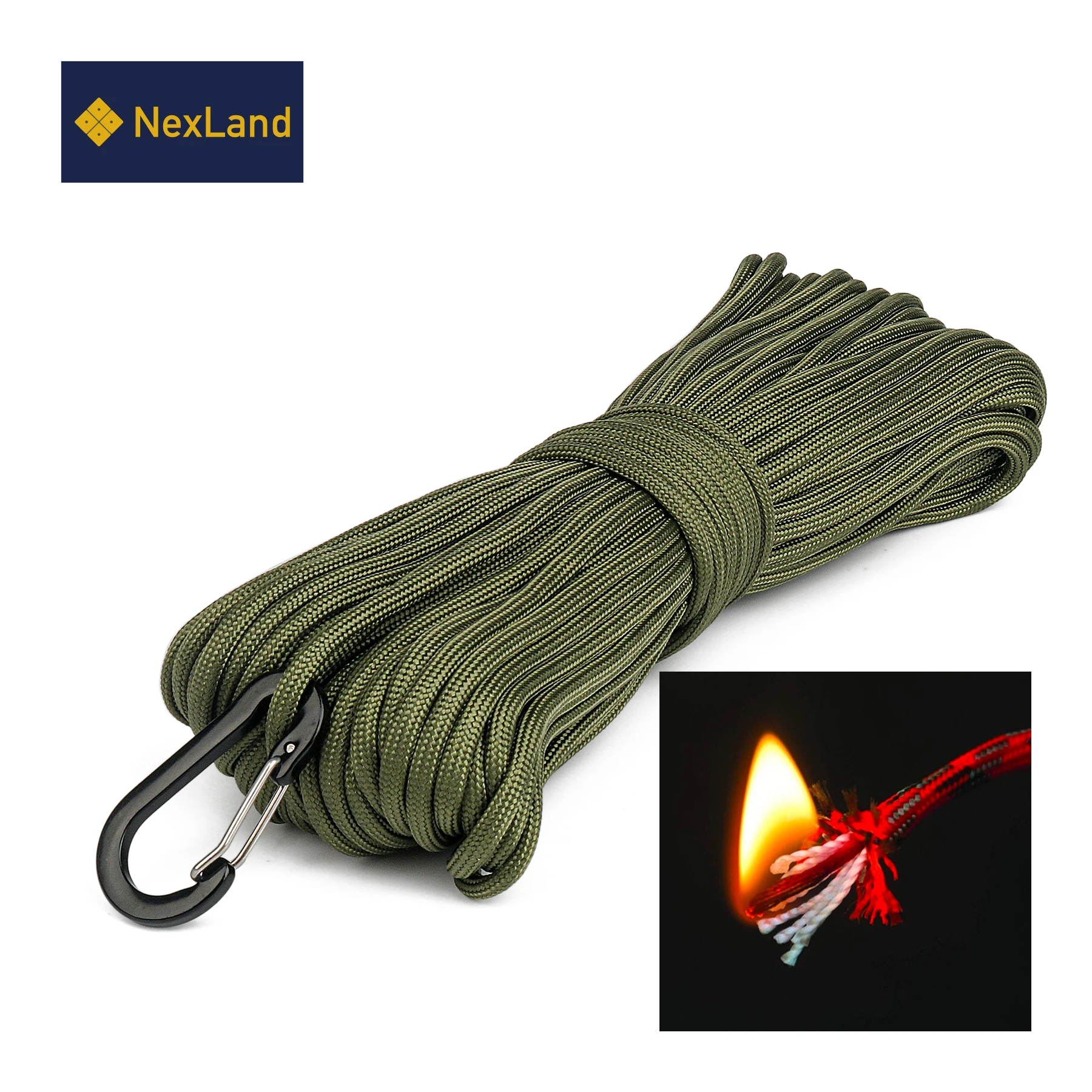 4mm / 31 Meters Paracord with Carabiner 550 Backup Rope Firecord Fire Starter Camping Hiking Survival