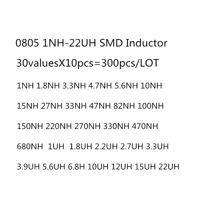 0805 SMD Inductor 30valuesX10pcs=300pcs/LOT 1NH-22UH Electronic Components Package Inductor Assorted Ki