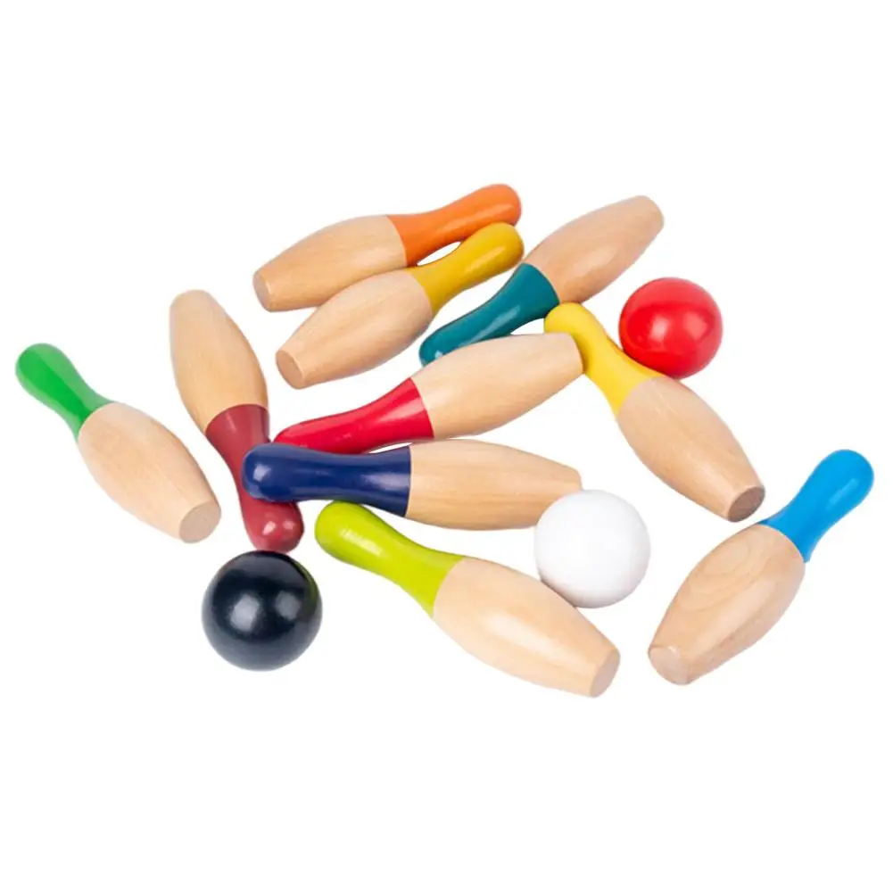 Kids Bowling Set Wood Bowling Set With 10 Wooden Pins 3 Balls Educational Games Indoor And Outdoor Toys Family Fun For Kids Tod