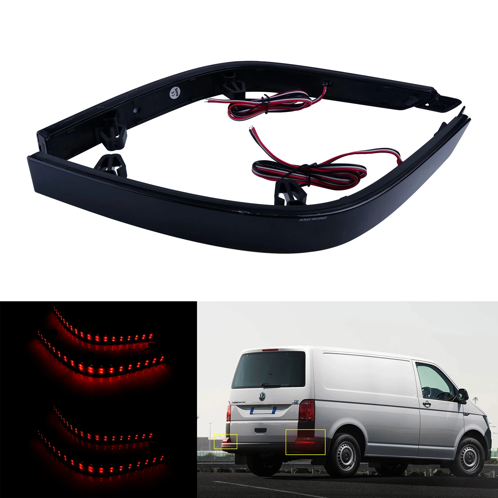 ANGRONG 2x LED Rear Bumper Reflector Light Black Lens Red Light Color For VW Transporter T6 2015 Onwards