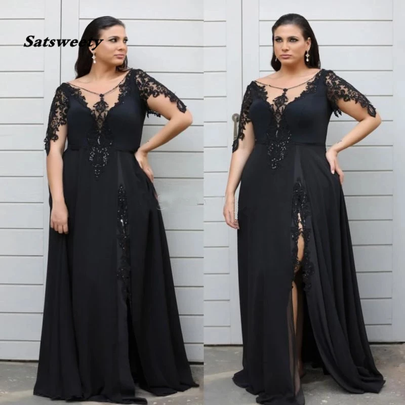 

Stylish Lace Appliqued Plus Size Prom Dresses With Long Sleeves Sheer Neck Mother of the bride Dresses Split Evening Gowns