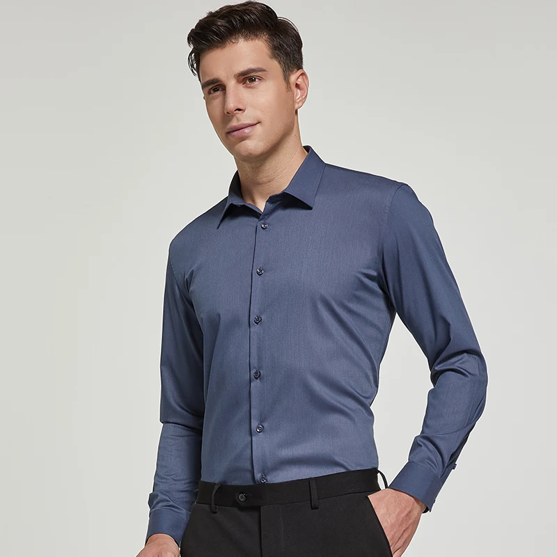 Camisas de vestir elásticas de fibra de bambú para hombre, camisas de manga larga sin bolsillo, de ajuste estándar, para negocios, trabajo y