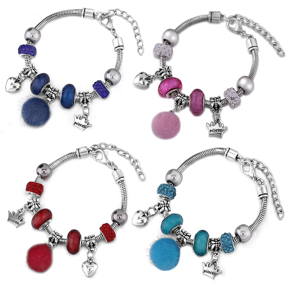 Neu eingelegt mit glänzender Zirkon-Kronen-Armreif, 6-farbiges Plüsch-Kugel-Stil-Armband, Hummer-Schnalle, Schlangenkette, Perlen-Armreifen, Schmuck
