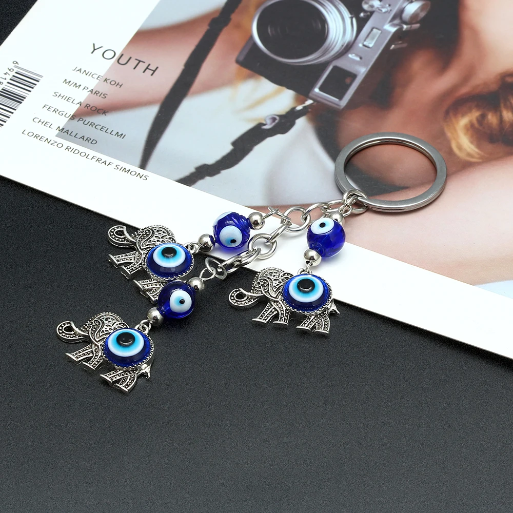 1pc Blue Evil Eye Charms Keychain Elephant Pendent Key Chain Alloy Tassel Car Key Chain Fashion Jewelry