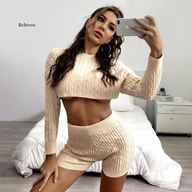 Autumn Winter Newest Women Knitted Sets O-Neck Bat Sleeve Loose Casual All Matching Crop Tops + High Waist Bodycon Shorts Sets