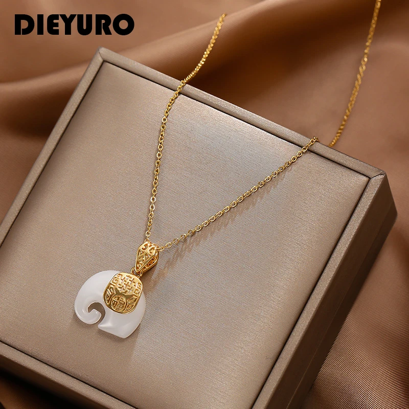 DIEYURO stal nierdzewna 316L Jade słoń wysokiej jakości naszyjnik kobieta moda elegancka biżuteria akcesoria prezent dla mamy