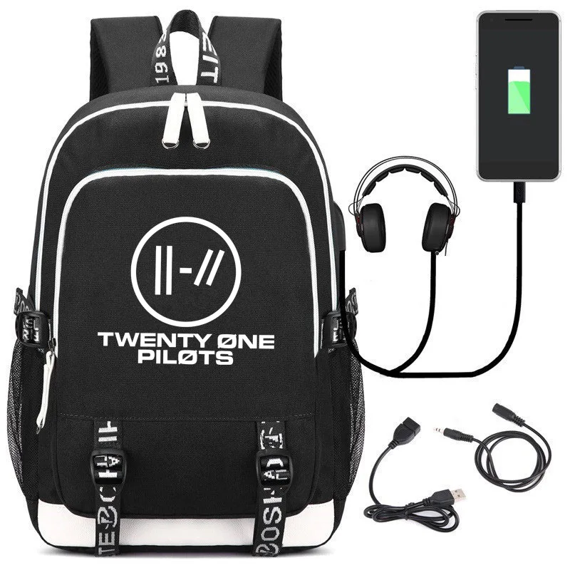 Twenty One Pilots Nylon Bookbag USB Charging Laptop Backpack Hip-pop Travel Bagpack Capacity School Bags for Teenage Rugzak