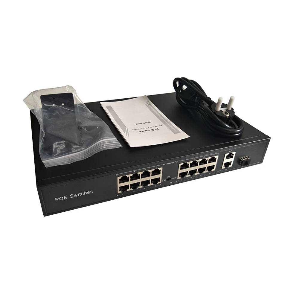 IU Metal Enclosure 16ports 100M POE Switch 2ch Gigabit Rackmount RJ45 uplink Network Ethernet with 1ch 1000M SFP interface