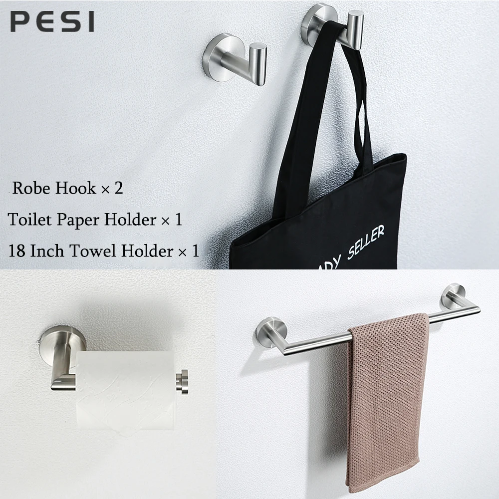 Shelf Robe Hook Hanger Towel Rail Bar Rack Tissue Paper Holder Bathroom Hardware Set Accessories Stainless Steel Brushed Steel.