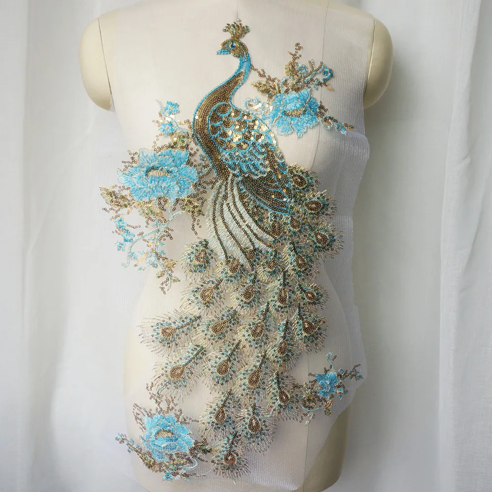 縫い付けられたレースのアップリケ,石の刺繍が施された青い縫製パッチ,結婚式のドレス,工芸品