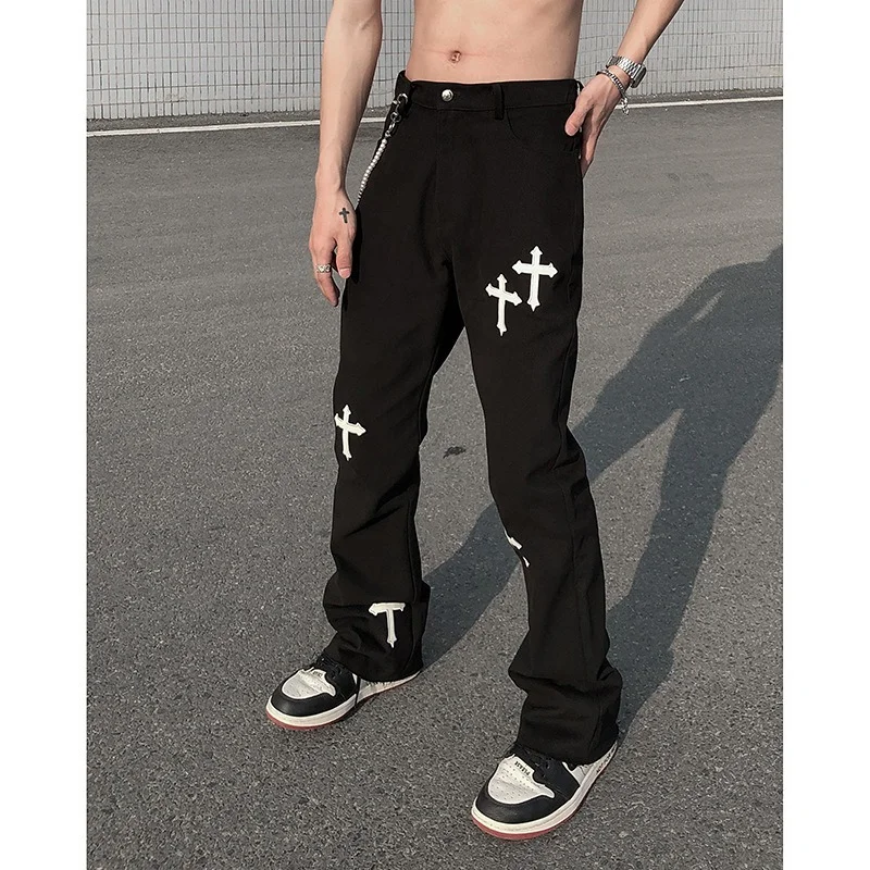 ICCLEK High Street Loose Casual Pants Men's Embroidered Cross Flare Pants Jeans for Men  Men Jeans  Denim Jeans for Men