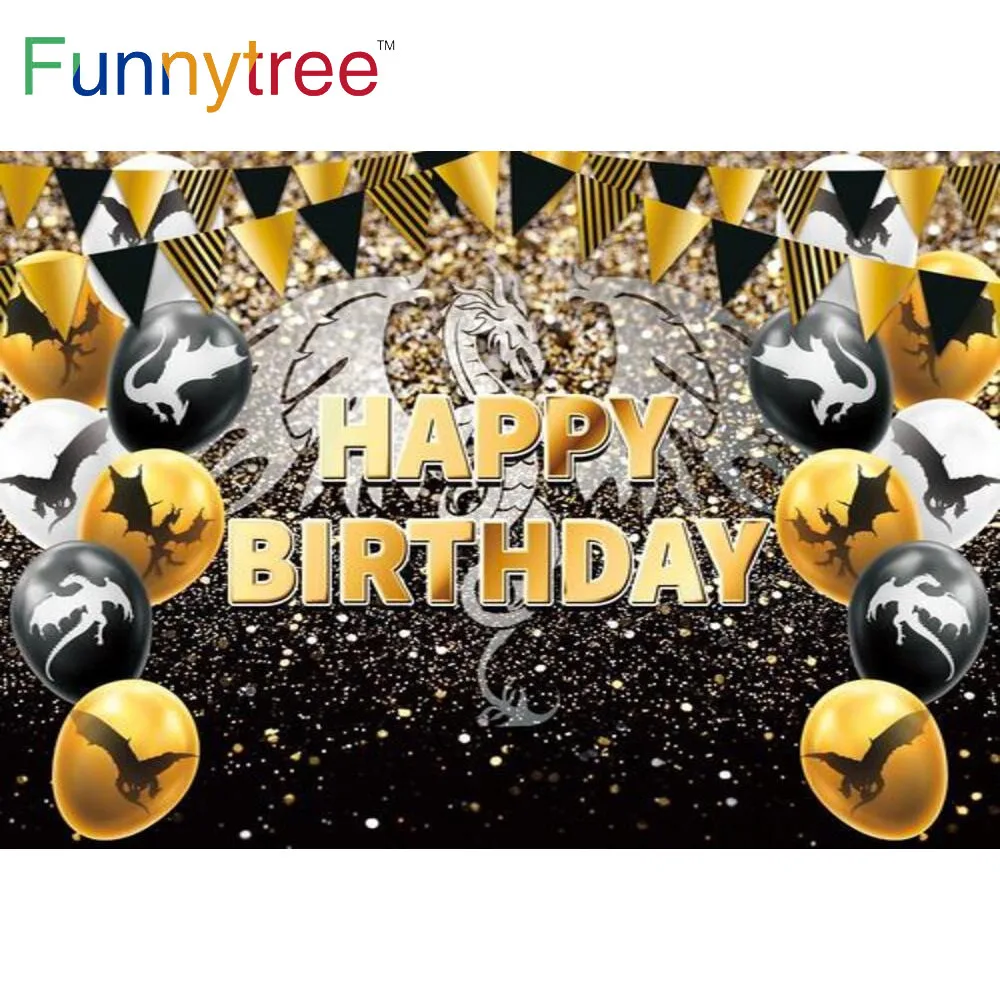 

Funnytree Golden Black Photo Backdrop Happy Birthday Dragon Balloons Kids Baby Shower Party Photographic Background Photocall