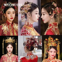 Chinese Bridal Headdress Tranditional Wedding Crown Hair Comb Hairpins Set Brides Costoume Xiuhe Hair Accessories
