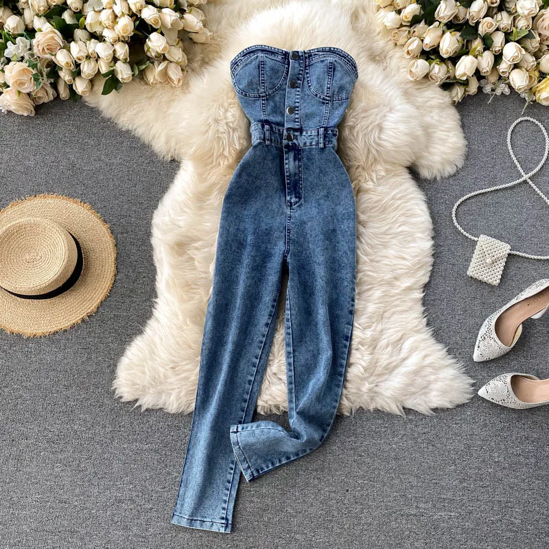 Amolapha Women Sexy Button Strapless Slim Denim Jeans Jumpsuits Outfit