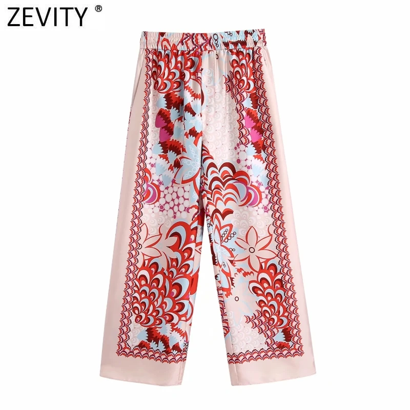 Zevity Women Vintage Totem Floral Print Elastic Waist Casual Wide Leg Pants Retro Female Chic Pocket Summer Long Trousers P1094